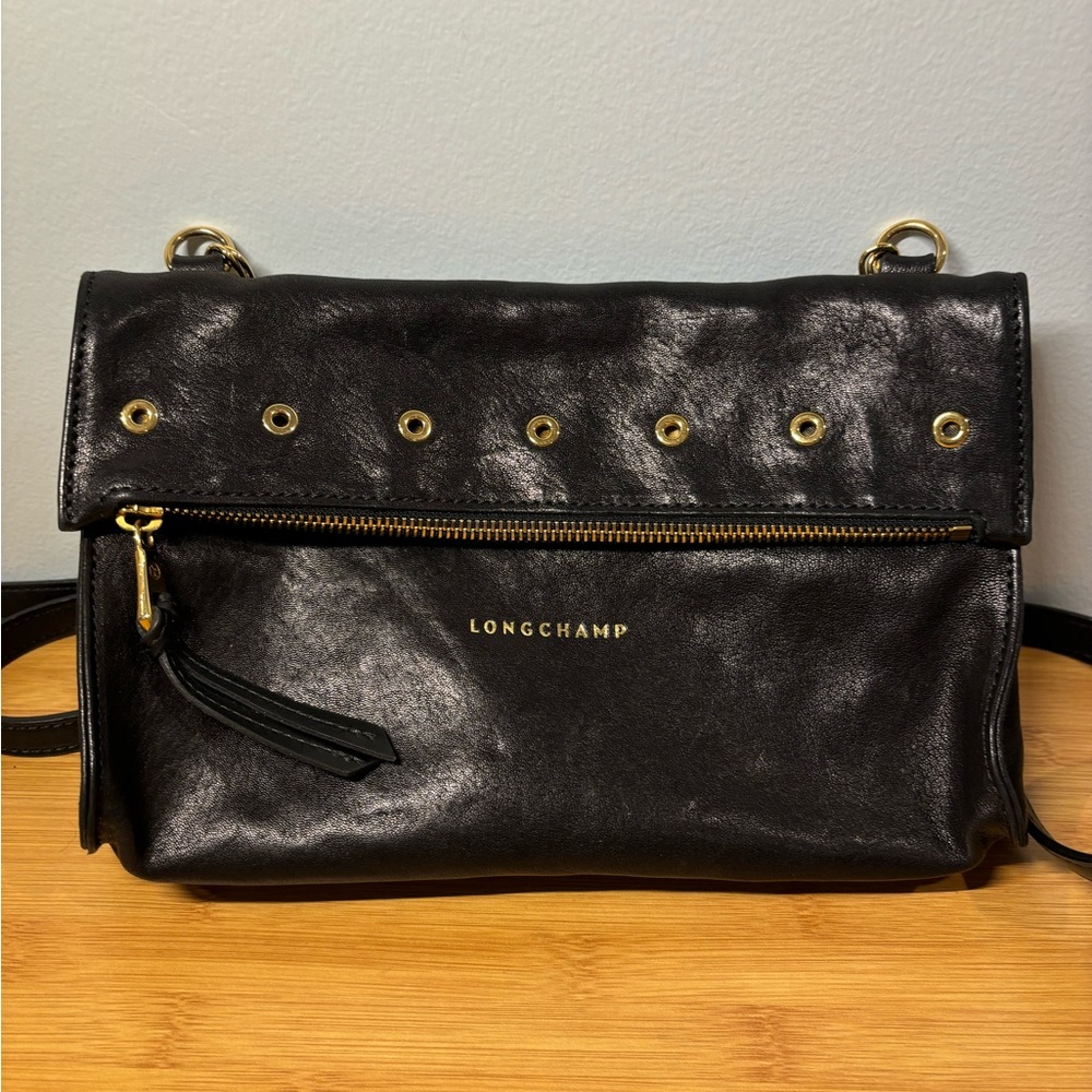 Longchamp black leather and gold chain bag